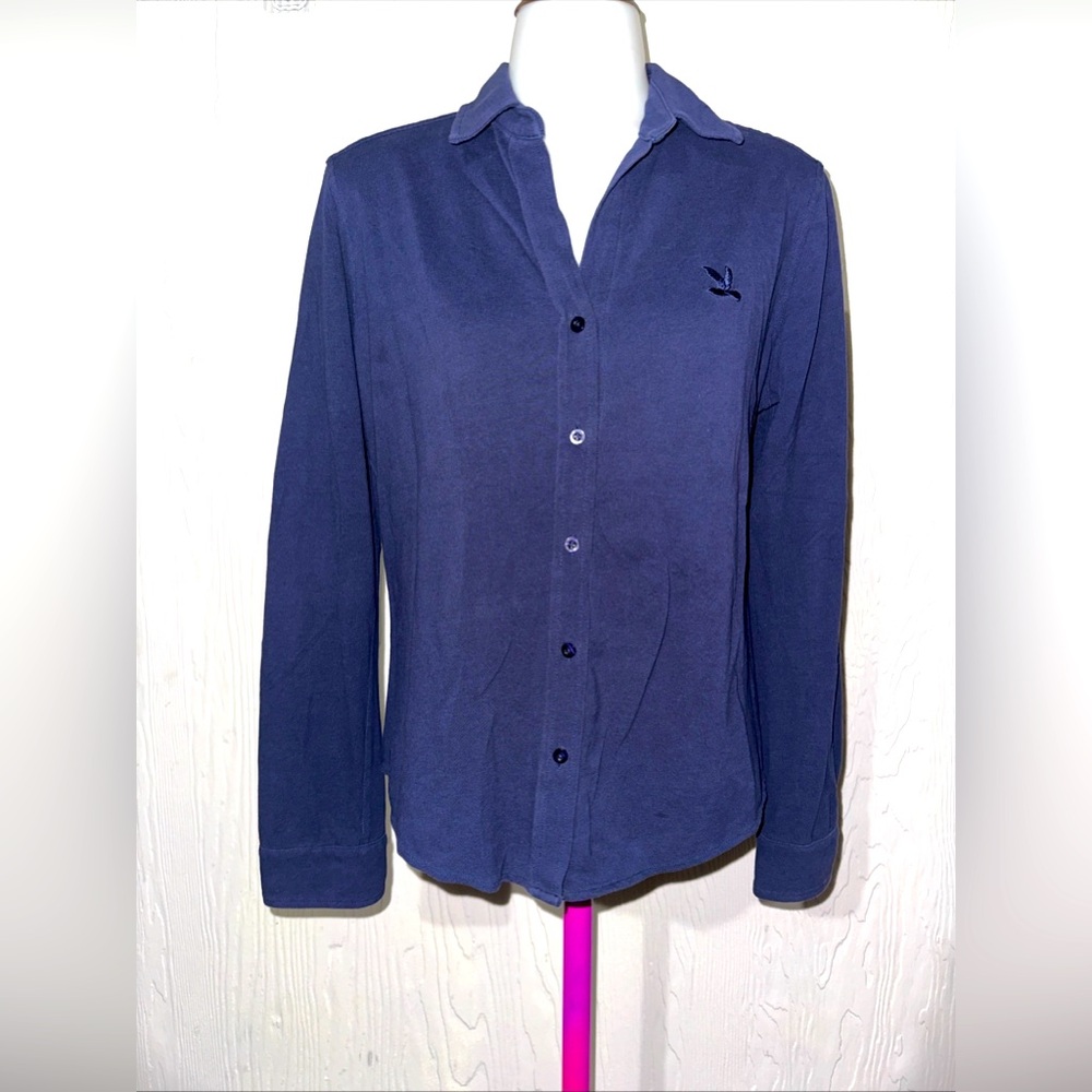 CC Double O Womens Shirt Navy Blue 100% Cotton Stretch Button Up Med